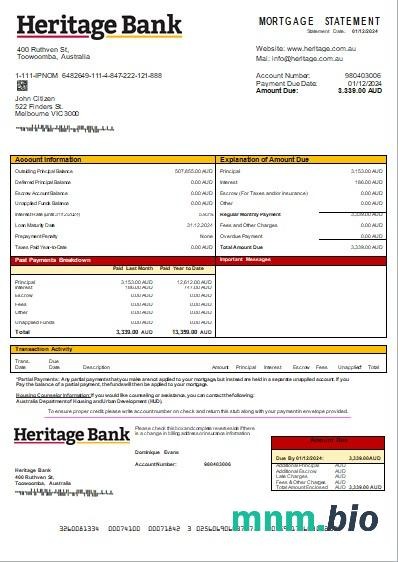 Australia Bank Heritage wyciąg z kredytu hipotecznego